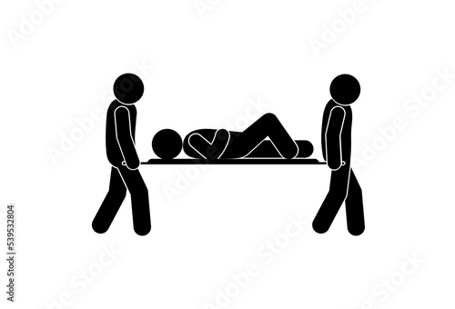 people carry an injured person on a stretcher, stick figure first aid icon, isolated silhouettes