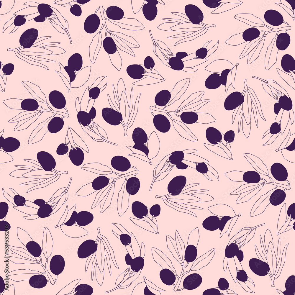 Fototapeta Vector flat linear illustration. Seamless pattern with dark olives