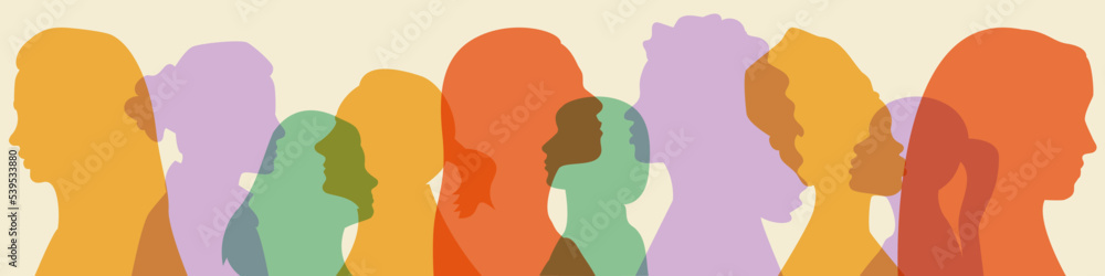 Womens head abstract silhouette in row background. Multicultural multiethnic females. Feminism allyship against gender discrimination. Girl power alliance for equal opportunities. Long banner. Vector.