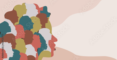 Abstract female head silhouette group of multicolor women profiles inside banner. Text space. Concept of feminist allyship, girls power, diversity and equality. Sisterhood and mutual support. Vector.