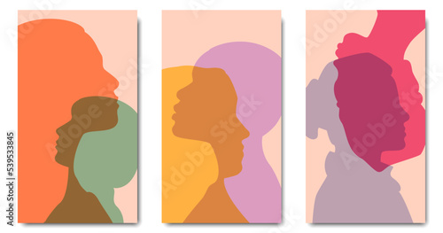 Social media covers set. Womens head silhouette. Abstract diversity girls profile. Female community. Racial equality. Allyship. Feminism. Brochure poster stories template. Vector illustration.