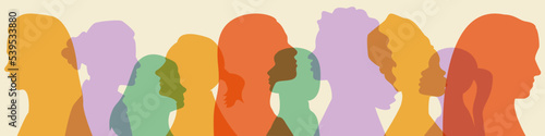 Womens head abstract silhouette in row background. Multicultural multiethnic females. Feminism allyship against gender discrimination. Girl power alliance for equal opportunities. Long banner. Vector.