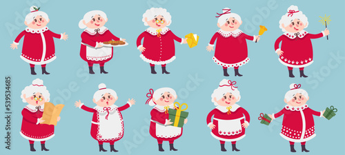 Mrs Claus character. Christmas mascot cartoon vector illustration set