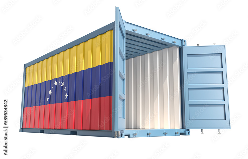 Fototapeta premium Cargo Container with open doors and Venezuela national flag design. 3D Rendering