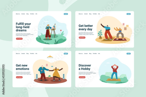 Landing page template of recreation and hobby. Older people active leisure lifestyle. Flat elderly characters dancing at home. Retired man and woman doing sport and painting, vector web banner.