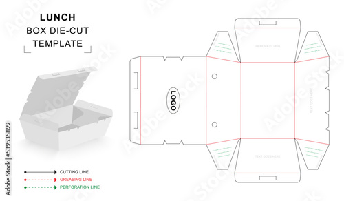  Lunch meal box die cut template with 3D blank vector mockup for food packaging