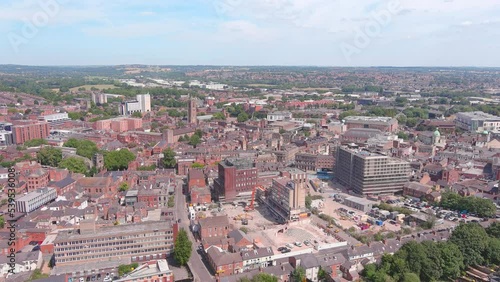Derby, UK: Aerial view of city in England, center of city with mixture of modern and historic buildings - landscape panorama of United Kingdom from above photo