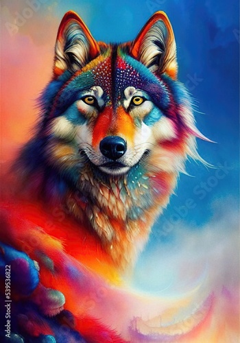 Colorful wolf watercolor portrait  soft pastel colors  spirit animal  room for copy
