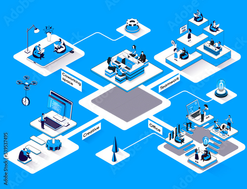 Coworking office isometric web banner. Business meeting and creative teamwork flat isometry concept. Colleagues at open workplace 3d scene design. Illustration with tiny people characters