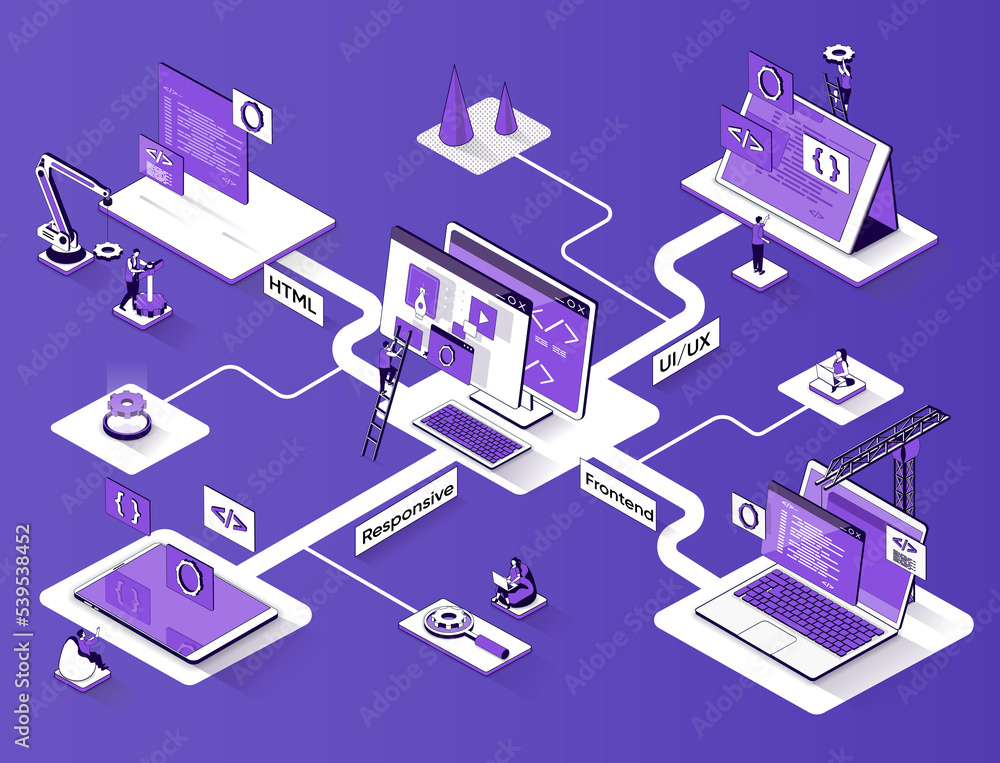 Web development isometric banner. Development software for website flat ...
