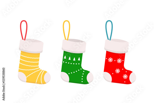 Set of Christmas stockings isolated on white background. Cartoon flat style. Vector illustration