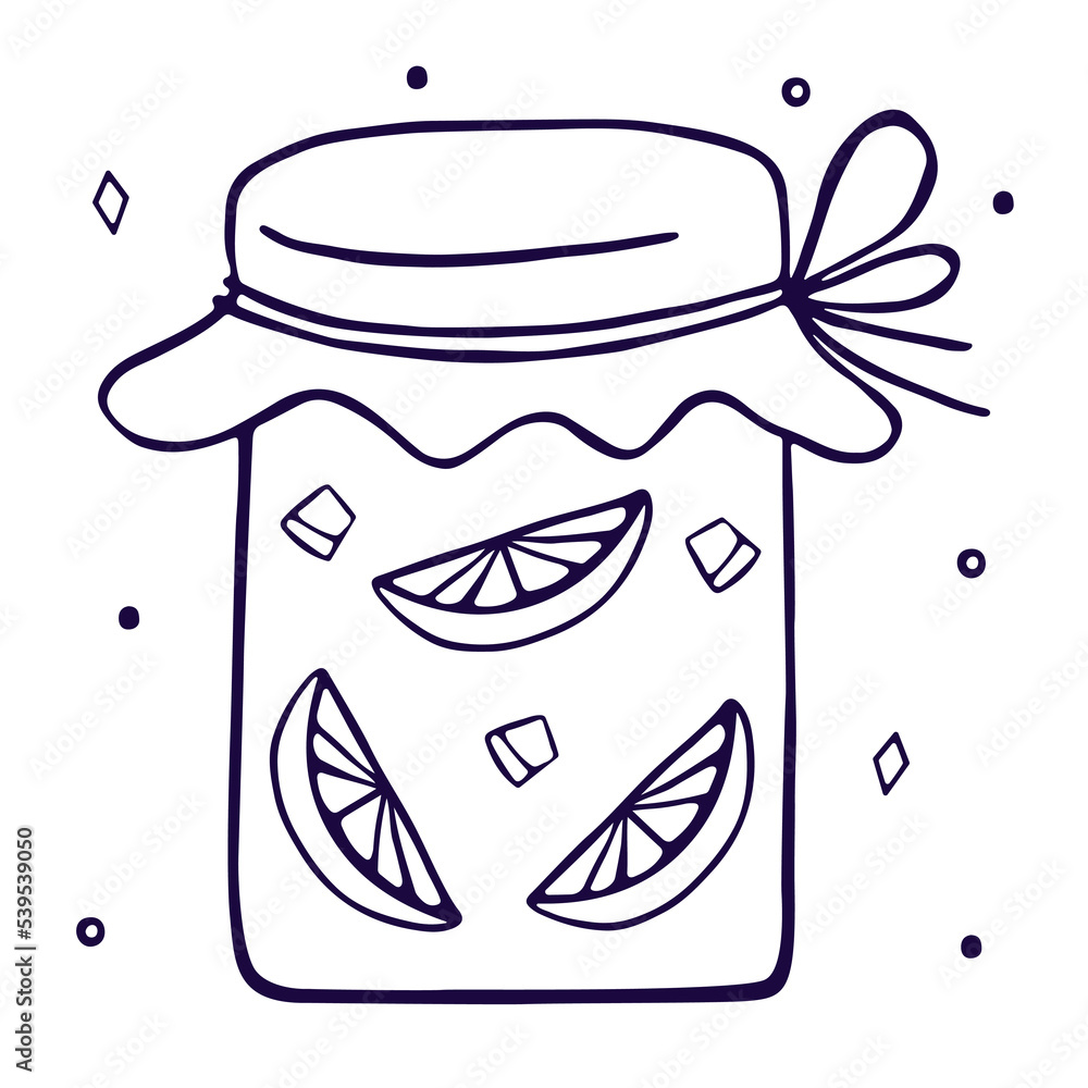 Glass jar with jam. Jelly and marmalade with orange. Hand drawn food illustration. Vector Glass jar with jam. Jelly and marmalade with orange. Hand drawn food illustration. Vector