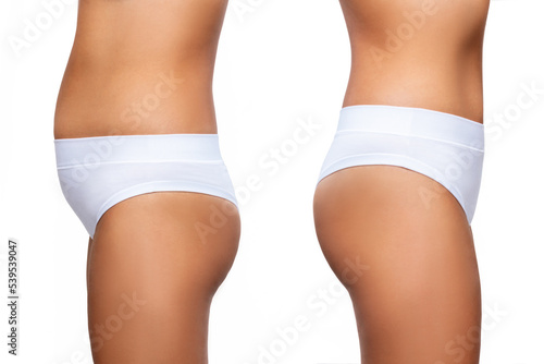 Profile of young woman with a belly with excess fat and toned slim stomach before and after losing weight isolated on a white background. Result of diet, liposuction, training