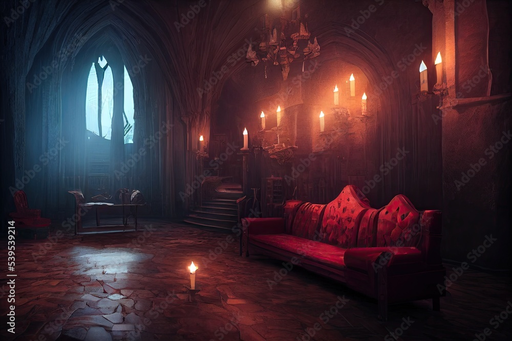 Interior of Dracula castle, victorian living room with table, sofa and  lounge chairs by candlesticks. Halloween gothic atmosphere inside of  Ancient vampire castle for games background. 3D illustration Stock  Illustration | Adobe