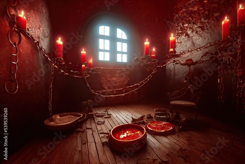 terrifying torture chamber of Dracula's castle. Setting for horror games. Furniture is splattered with blood, and the torture instruments are lit by candlesticks. 3D illustration and Halloween theme