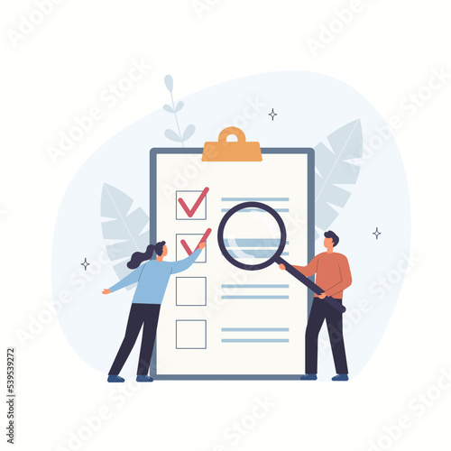 Small woman and man  holding giant magnifier and checking on paper to do list, daily task or agreement. Vector flat style illustration photo