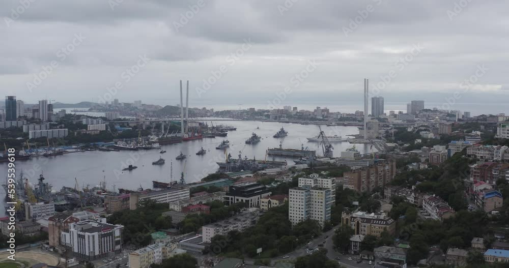 Aerial view of navy ships crossing the river in Vladivostok, Russia. Aerial view of navy ships crossing the river in Vladivostok, Russia.
