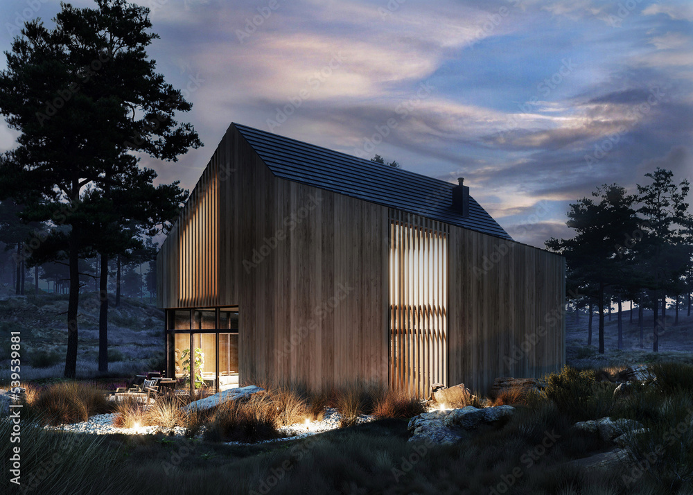 visualization of a modern house in a barn style with a wooden front in the evening lighting - obrazy, fototapety, plakaty 