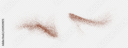 Flying coffee or chocolate powder, dust particles in motion, ground splash isolated on light background. Vector illustration.