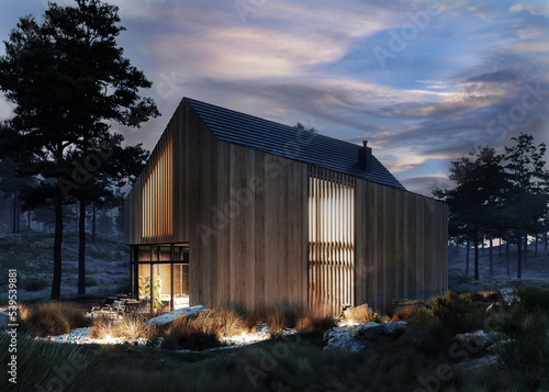 visualization of a modern house in a barn style with a wooden front in the evening lighting