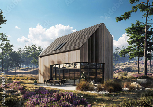 visualization of a modern house in a barn style with a wooden front 