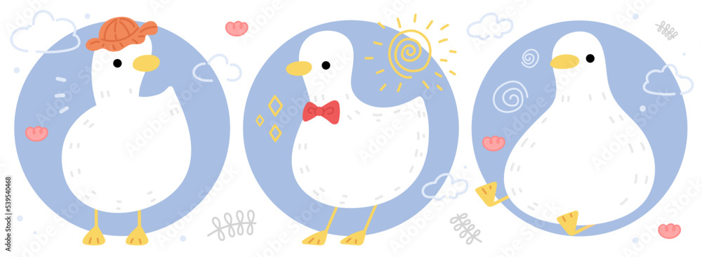 Set of cute white duck cartoon illustrations in flat design Set of cute white duck cartoon illustrations in flat design