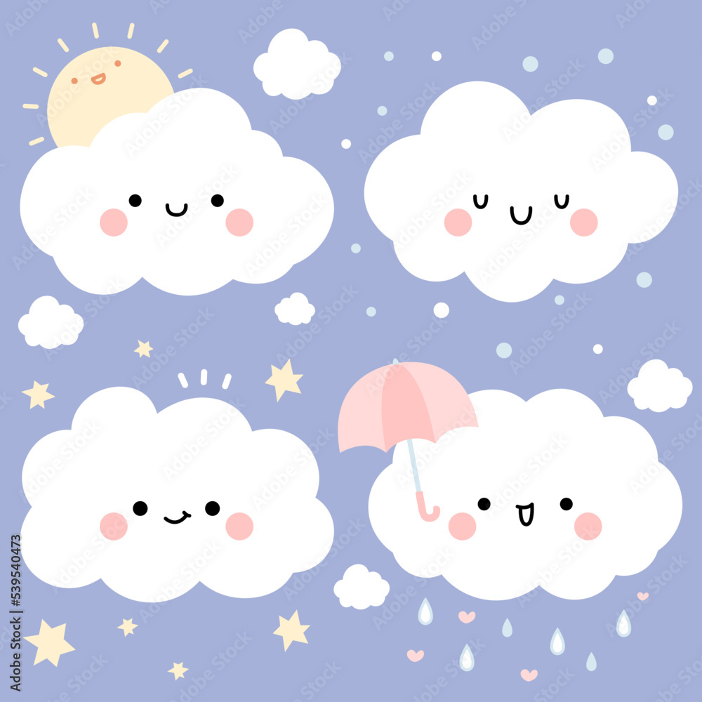 Weather element set with Cute Happy Cloud, sun and star cartoon vector Illustration