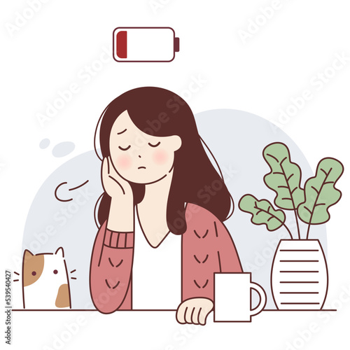 Young woman tired and emotional burnout with battery energy low charge sitting at the table with the cat vector illustration