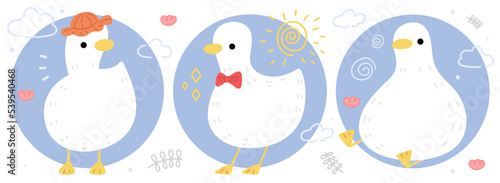 Set of cute white duck cartoon illustrations in flat design