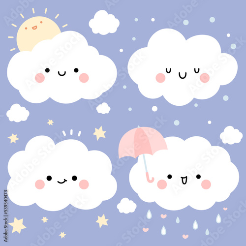 Weather element set with Cute Happy Cloud, sun and star cartoon vector Illustration © Ticha