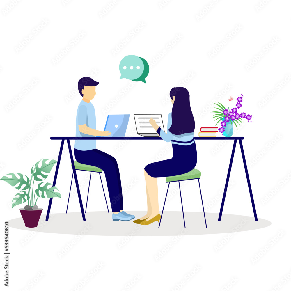 a pair of men and women are sharing about work in the workspace, each using a personal work laptop. Relaxed discussion, face-to-face sharing. Flat illustration design a pair of men and women are sharing about work in the workspace, each using a personal work laptop. Relaxed discussion, face-to-face sharing. Flat illustration design
