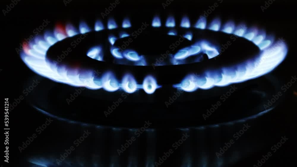 Gas cooker with burning flames of gas. Domestic kitchen with blue flames burning Gas cooker with burning flames of gas. Domestic kitchen with blue flames burning