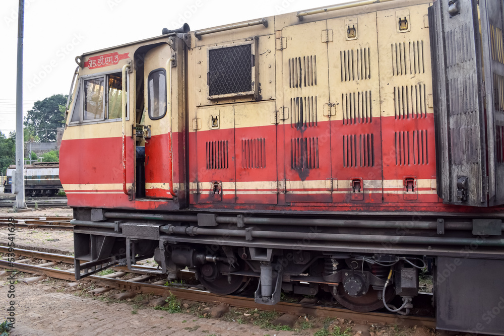 Indian toy train diesel locomotive engine at Kalka railway station during the day time, Kalka Shimla toy train diesel locomotive engine Indian toy train diesel locomotive engine at Kalka railway station during the day time, Kalka Shimla toy train diesel locomotive engine