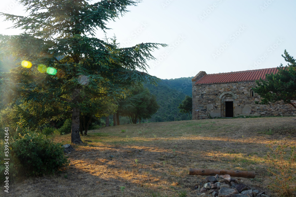 View of a beautiful mountain landscape and a lonely abandoned house in the Pyrenees, France