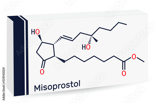 Misoprostol molecule. It is prostaglandin E1 analogue, used to treat stomach, duodenal ulcers, induce labor, cause an abortion. Skeletal chemical formula. Paper packaging for drugs