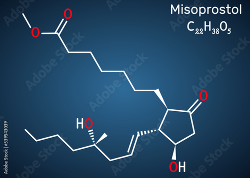 Misoprostol molecule. It is prostaglandin E1 analogue, used to treat stomach, duodenal ulcers, induce labor, cause an abortion. Structural chemical formula on the dark blue background