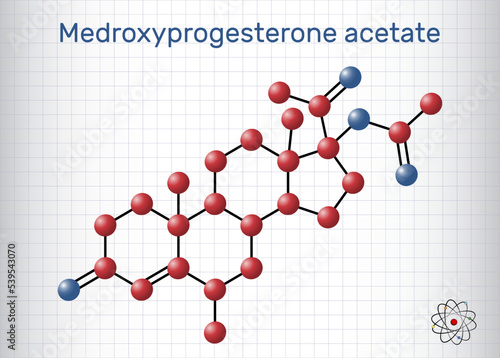 Medroxyprogesterone acetate, MPA, depot medroxyprogesterone acetate, DMPA molecule. It is progestin hormone drug, contraceptive. Molecule model. Sheet of paper in a cage