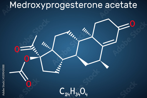 Medroxyprogesterone acetate, MPA, depot medroxyprogesterone acetate, DMPA molecule. It is progestin hormone drug, contraceptive. Structural chemical formula on the dark blue background. photo