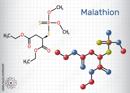 Malathion molecule. It is parasympathomimetic organophosphate used as insecticide for treatment of head lice. Structural chemical formula, molecule model. Sheet of paper in a cage