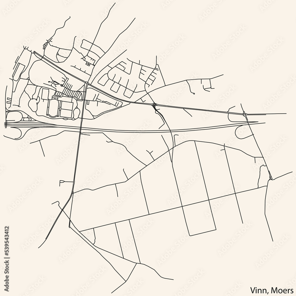 Obraz premium Detailed navigation black lines urban street roads map of the VINN QUARTER of the German regional capital city of Moers, Germany on vintage beige background