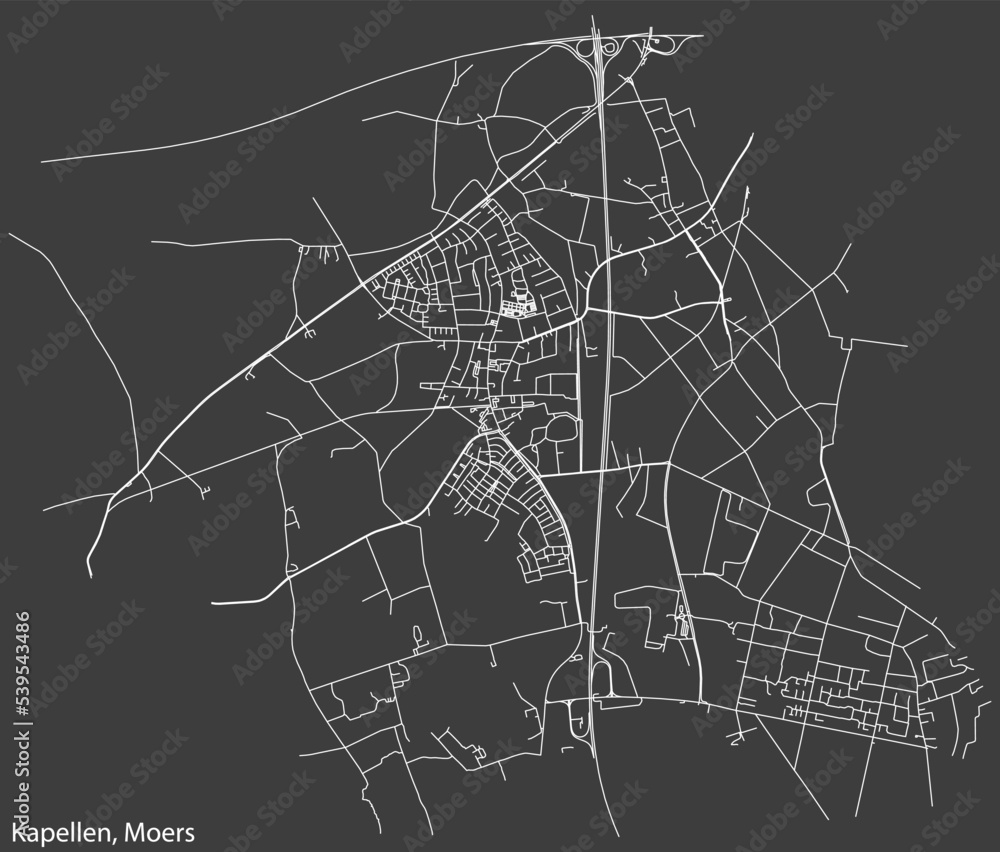 Detailed negative navigation white lines urban street roads map of the KAPELLEN DISTRICT of the German regional capital city of Moers, Germany on dark gray background