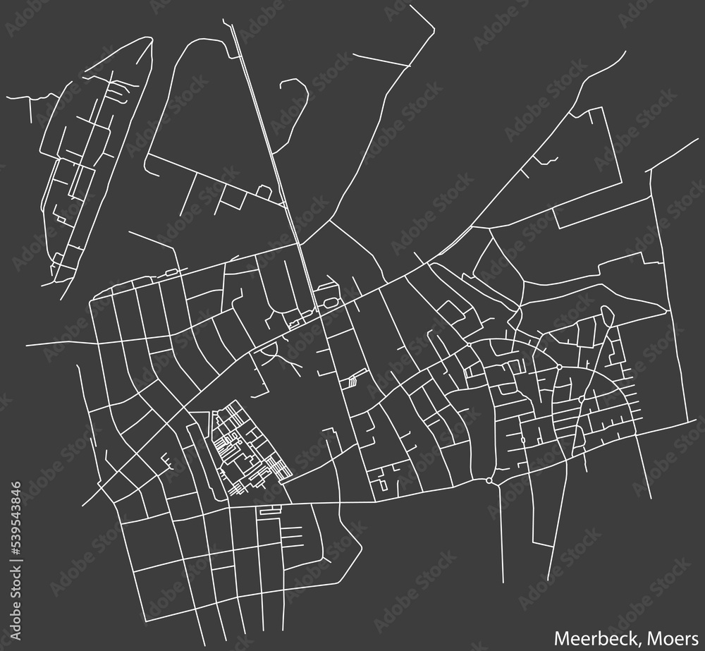 Detailed negative navigation white lines urban street roads map of the MEERBECK QUARTER of the German regional capital city of Moers, Germany on dark gray background
