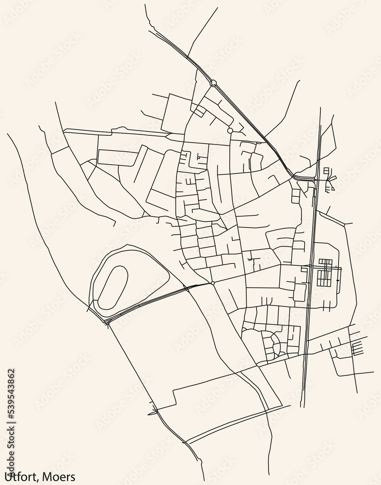 Detailed navigation black lines urban street roads map of the UTFORT QUARTER of the German regional capital city of Moers, Germany on vintage beige background