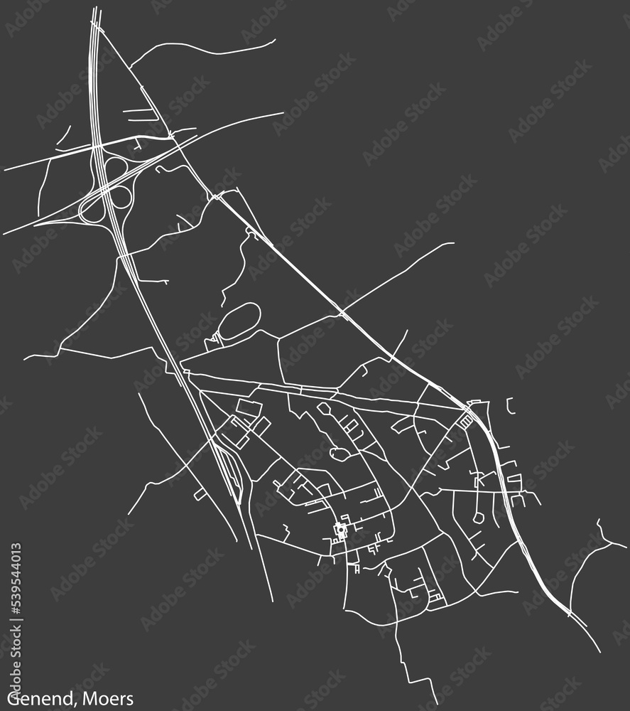 Detailed negative navigation white lines urban street roads map of the GENEND QUARTER of the German regional capital city of Moers, Germany on dark gray background