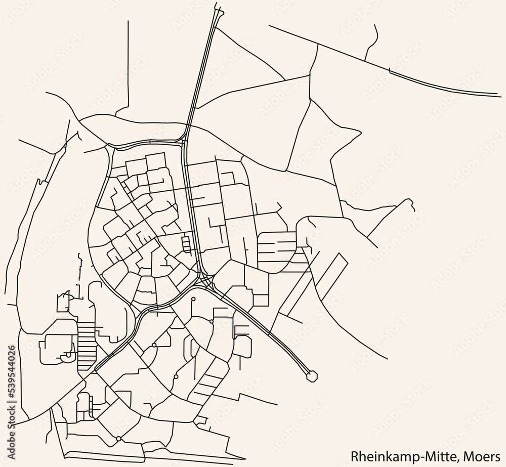 Detailed navigation black lines urban street roads map of the RHEINKAMP-MITTE QUARTER of the German regional capital city of Moers, Germany on vintage beige background