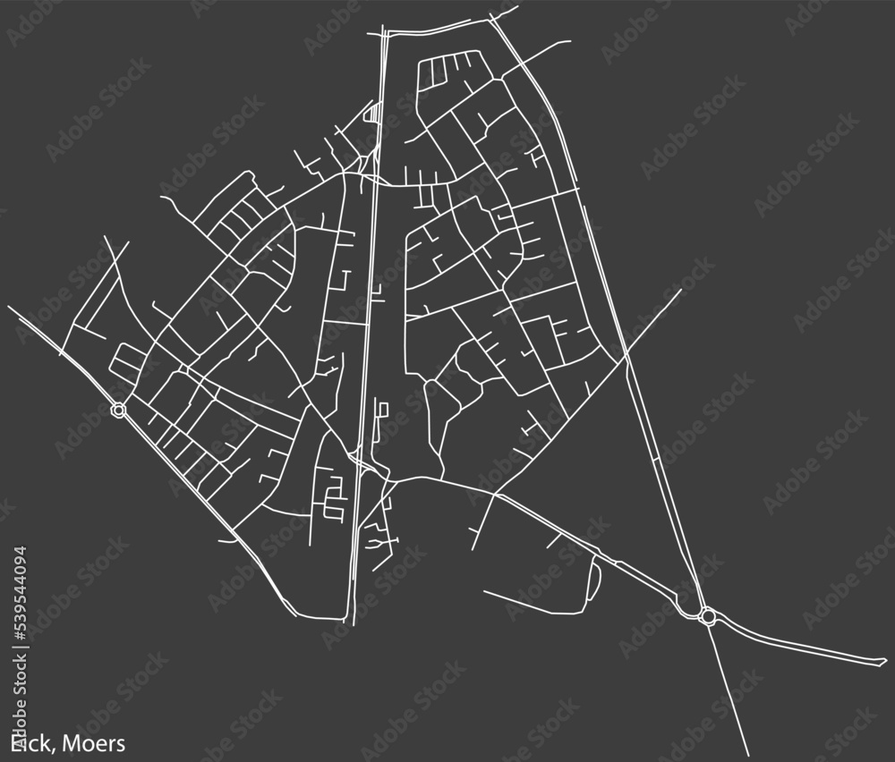 Detailed negative navigation white lines urban street roads map of the EICK QUARTER of the German regional capital city of Moers, Germany on dark gray background