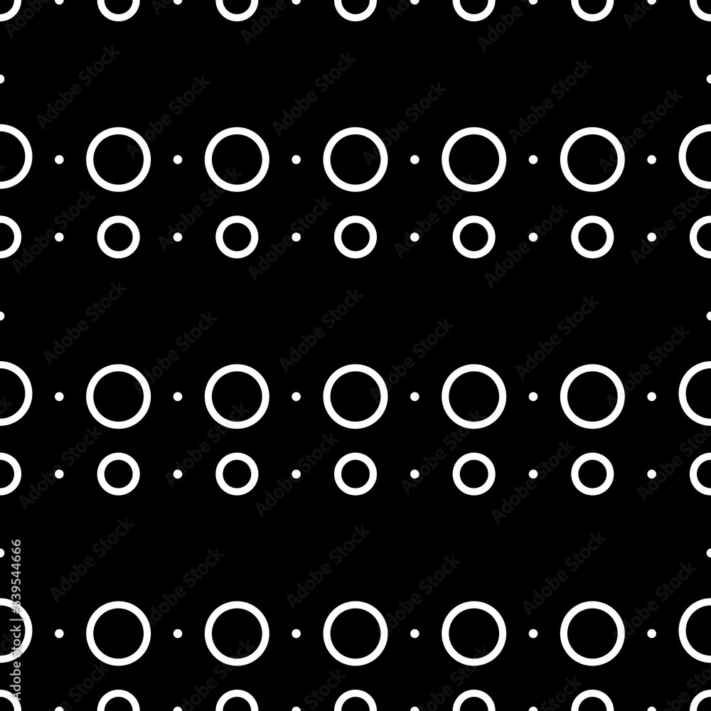 Vector illustration. Geometric seamless pattern. Solid dots and linear circles in rows. Spotted grey, black and white background. Simple monochrome abstract pattern.