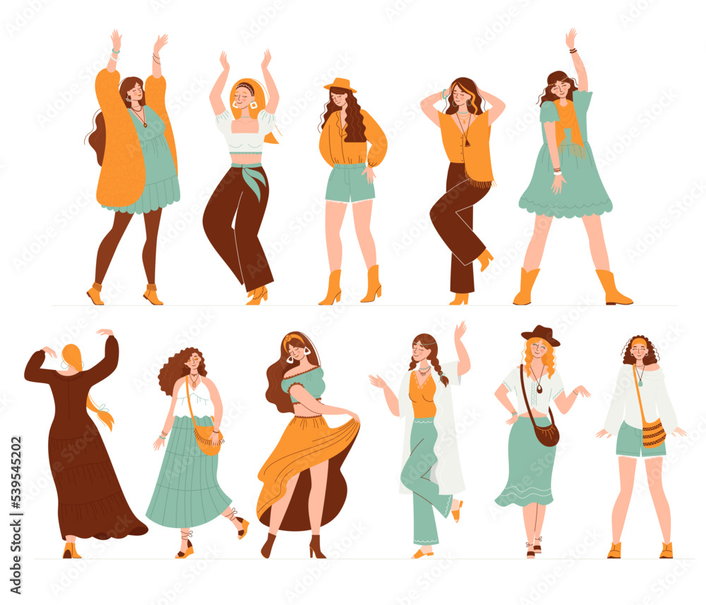 Set of Women in boho outfit. Modern boho collection with boho outfits