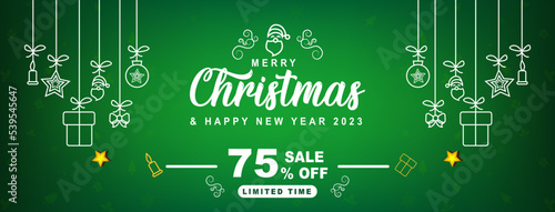 banner web Merry Christmas and Happy New Year. Merry christmas white banner with christmas decoration