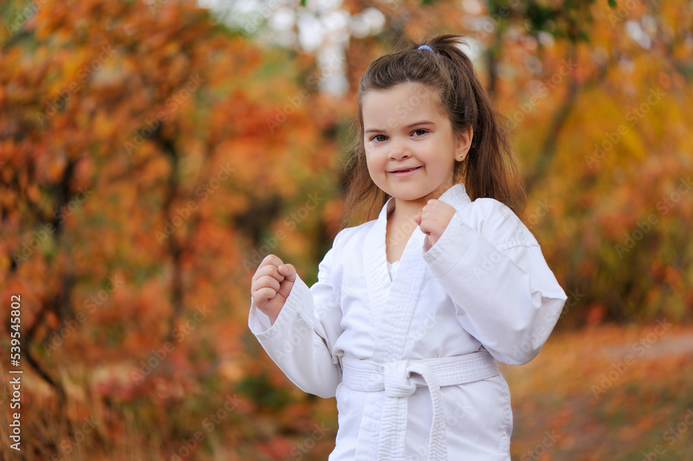 Smiling girl at the martial arts training in the fall park Smiling girl at the martial arts training in the fall park
